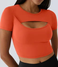 Casual Tops|Yoga Tops<HALARA SoftlyZero™ Plush Round Neck Cut Out Short Sleeve Cropped Barre Ballet Dance Sports Top
