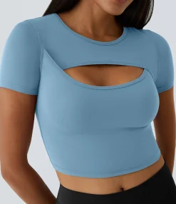 Casual Tops|Yoga Tops<HALARA SoftlyZero™ Plush Round Neck Cut Out Short Sleeve Cropped Barre Ballet Dance Sports Top