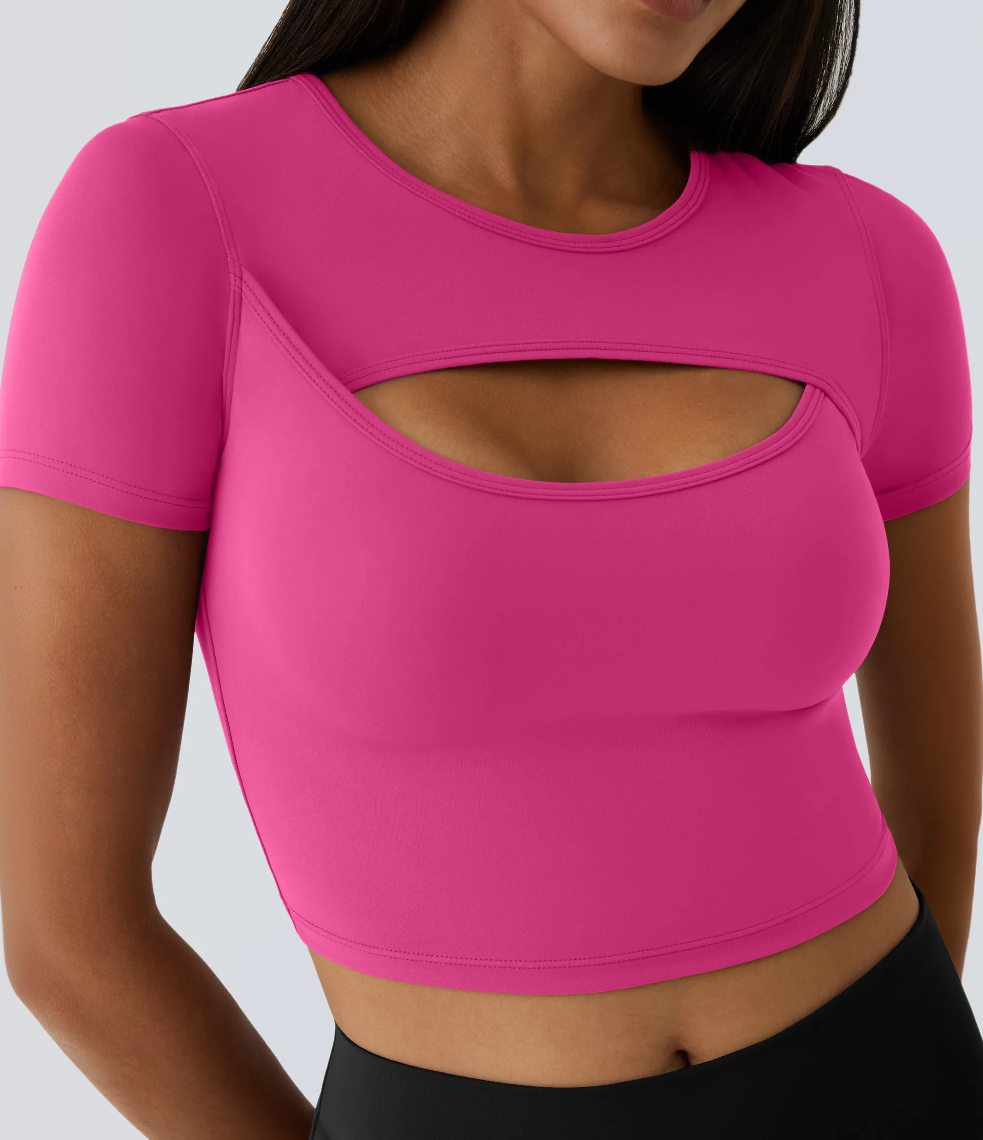 Casual Tops|Yoga Tops<HALARA SoftlyZero™ Plush Round Neck Cut Out Short Sleeve Cropped Barre Ballet Dance Sports Top