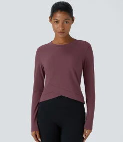 Yoga Tops|Sports Tops<HALARA SoftlyZero™ Plush Round Neck Crossover Hem Yoga Sports Top