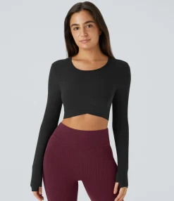 Yoga Tops|Sports Tops<HALARA SoftlyZero™ Plush Thumb Hole Crossover Hem Cropped Yoga Sports Top