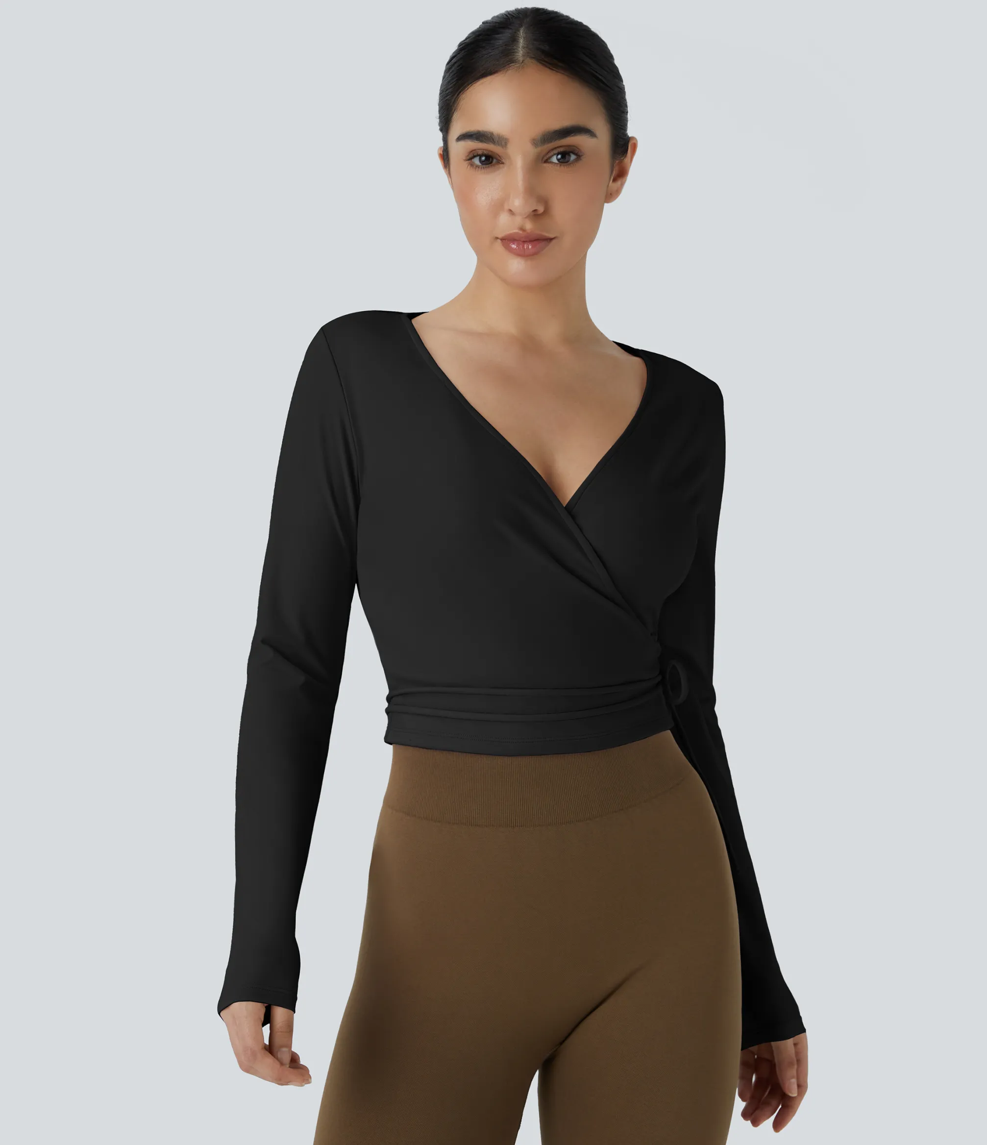 Yoga Tops|Sports Tops<HALARA SoftlyZero™ Plush V Neck Tie Side Long Sleeve Yoga Sports Top