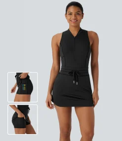 Active Dresses|Dresses<HALARA SoftlyZero™ QuickDry Baseball Collar Half Zip Sleeveless Drawstring Pockets 2-in-1 Mini Golf Active Dress-Golf Tee Pocket
