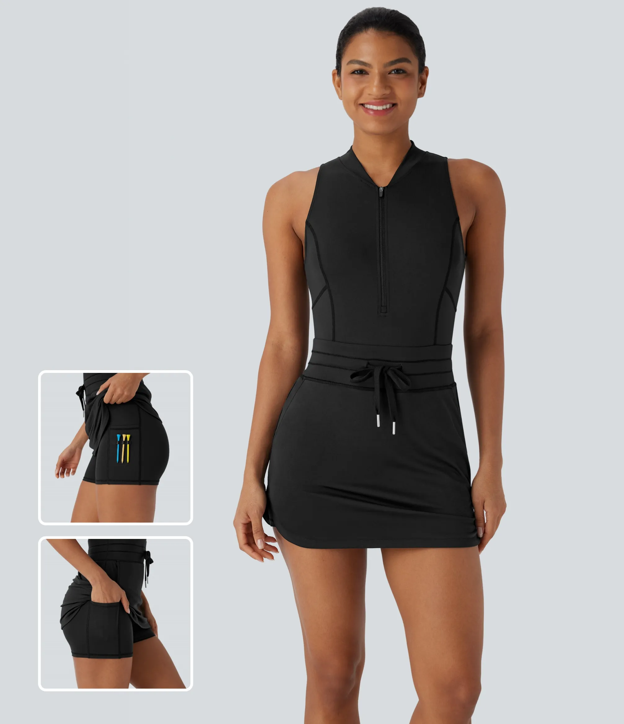 Active Dresses|Dresses<HALARA SoftlyZero™ QuickDry Baseball Collar Half Zip Sleeveless Drawstring Pockets 2-in-1 Mini Golf Active Dress-Golf Tee Pocket