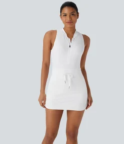 Active Dresses|Dresses<HALARA SoftlyZero™ QuickDry Baseball Collar Half Zip Sleeveless Drawstring Pockets 2-in-1 Mini Golf Active Dress-Golf Tee Pocket