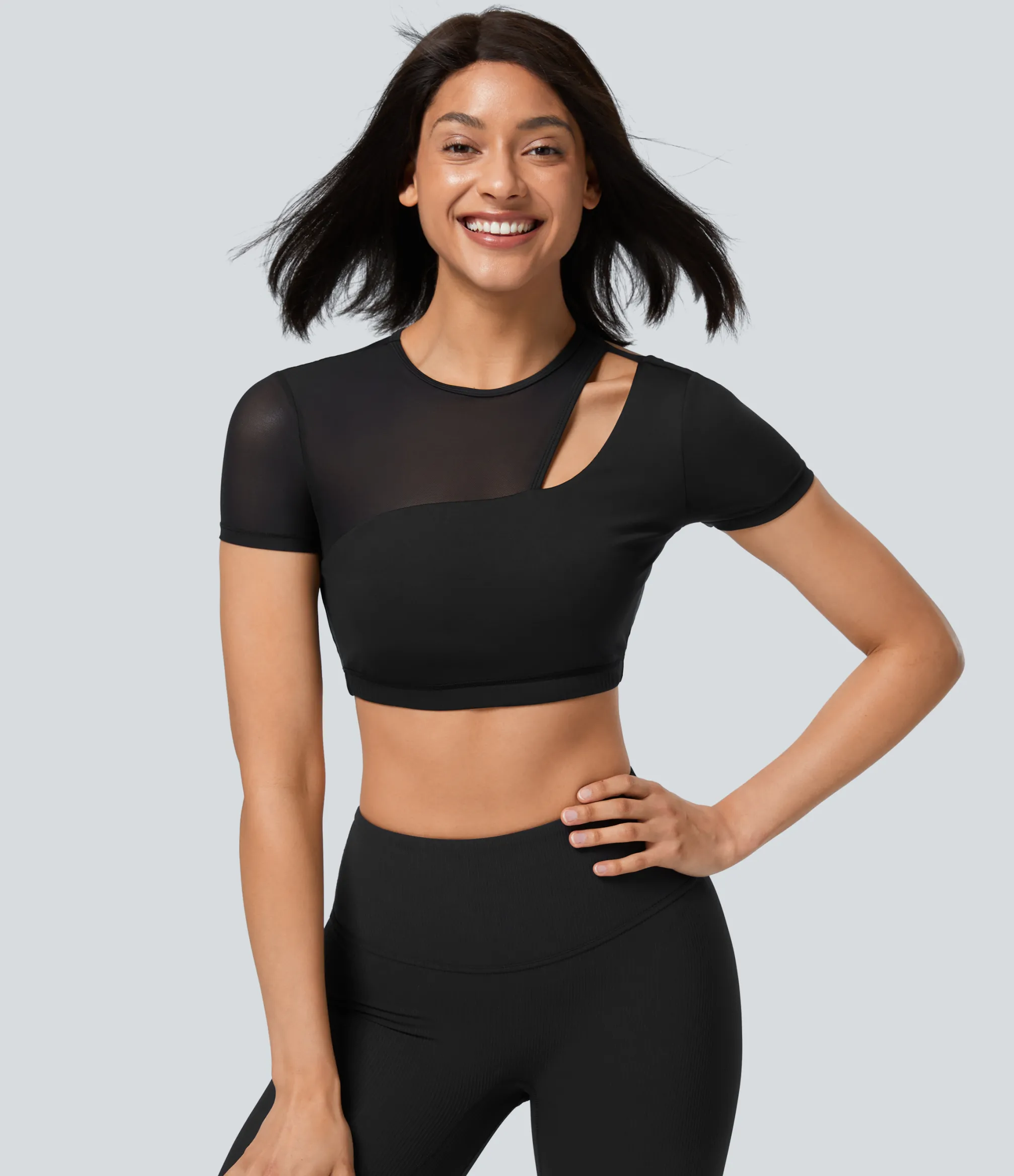Sports Tops|Sports Tops<HALARA SoftlyZero™ QuickDry Contrast Mesh Cut Out Short Sleeve Cropped Workout Sports Top