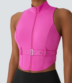 Sports Tops|Sports Tops<HALARA SoftlyZero™ QuickDry Stand Collar Zipper Belted Curved Hem Slim Pickleball Sports Top