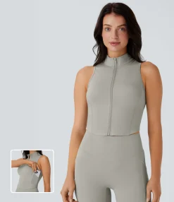 Tank Tops & Camis|Yoga Tops<HALARA SoftlyZero™ QuickDry Stand Collar Zipper Cropped Yoga Tank Top with Pockets