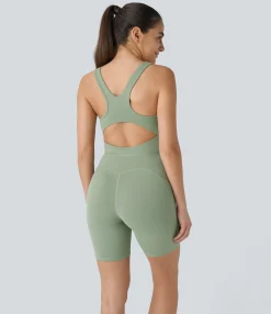Jumpsuits<HALARA SoftlyZero™ Square Neck Cut Out Pocket Yoga Romper-UPF50+ Asparagus