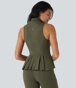 Tank Tops & Camis|Tank Tops<HALARA SoftlyZero™ Stand Collar Sleeveless Zipper Pleated Tank Top with Pockets-UPF50+