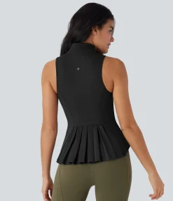 Tank Tops & Camis|Tank Tops<HALARA SoftlyZero™ Stand Collar Sleeveless Zipper Pleated Tank Top with Pockets-UPF50+
