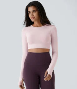 Casual Tops|Yoga Tops<HALARA Solid Thumb Hole Cropped Yoga Sports Top