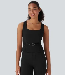Work Tops|Tank Tops & Camis<HALARA Square Neck Belted Work Tank Top