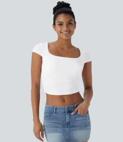 Casual Tops<HALARA Square Neck Cap Sleeve Ruched Skinny Cropped Casual Baby Tee