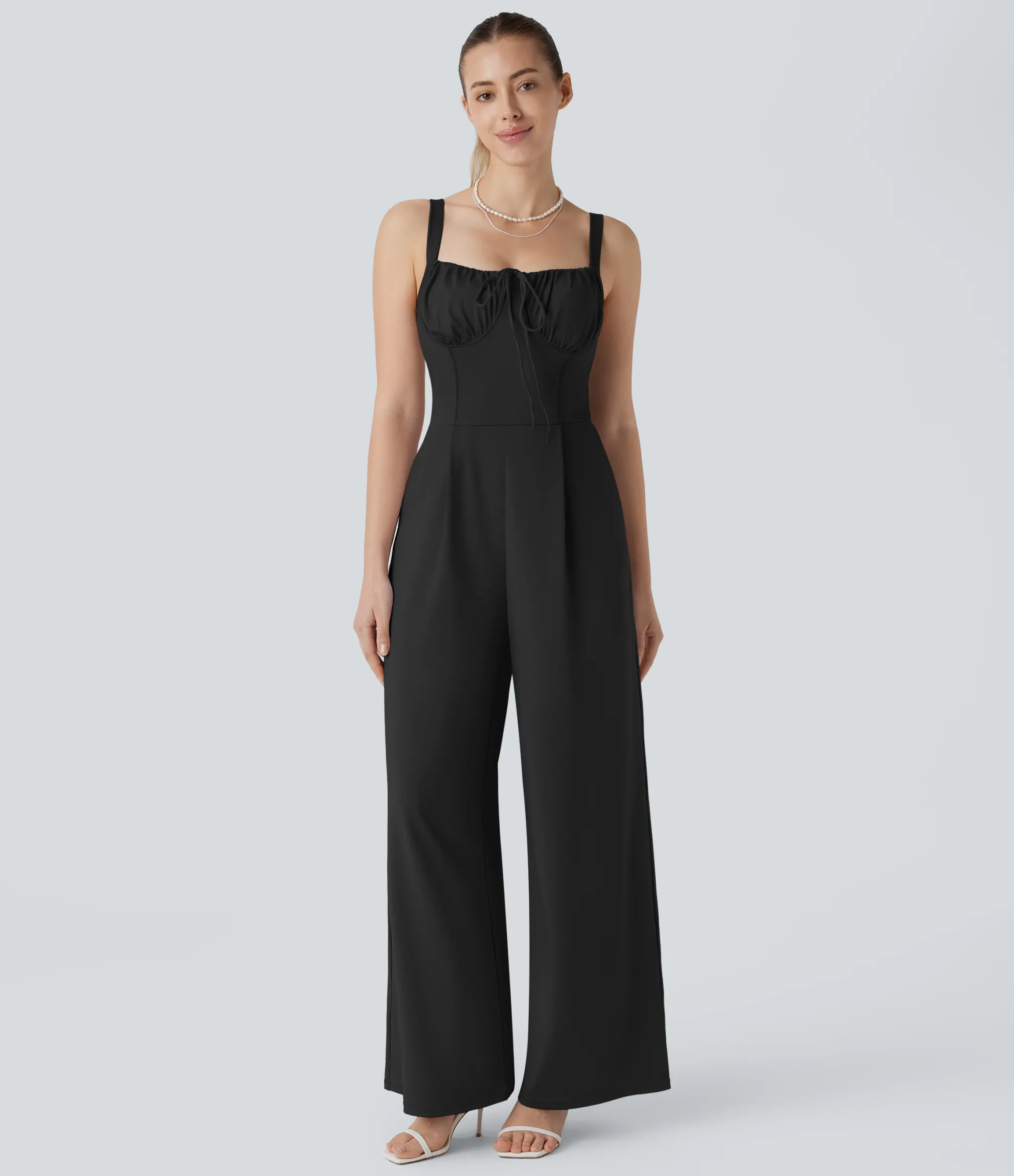 Jumpsuits<HALARA Square Neck Drawstring Ruched Milkmaid Pocket Wide Leg Jumpsuit-Easy Peezy