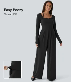 Jumpsuits<HALARA Square Neck Halter Long Sleeve Pocket Wide Leg Casual Jumpsuit-Easy Peezy
