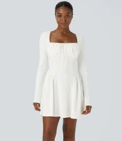 Dresses|Mini Dresses<HALARA Square Neck Lace Up Corset Long Sleeve Mini Casual Dress
