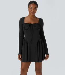 Dresses|Mini Dresses<HALARA Square Neck Lace Up Corset Long Sleeve Mini Casual Dress