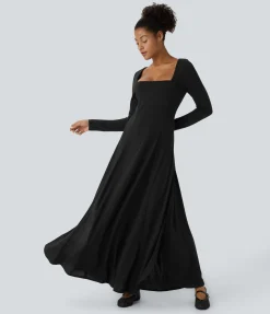 Dresses|Maxi & Midi Dresses<HALARA Square Neck Long Sleeve Flowy Flare Maxi Casual Dress