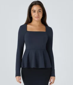 Work Tops<HALARA Square Neck Long Sleeve Ruffle Hem Work Top
