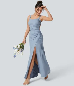 Maxi & Midi Dresses|Dresses<HALARA Square Neck Ruched Lace Up Maxi Dress