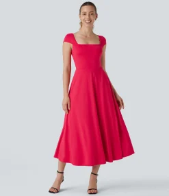 Maxi & Midi Dresses|Dresses<HALARA Square Neck Short Sleeve Pocket Flowy Midi Casual Dress