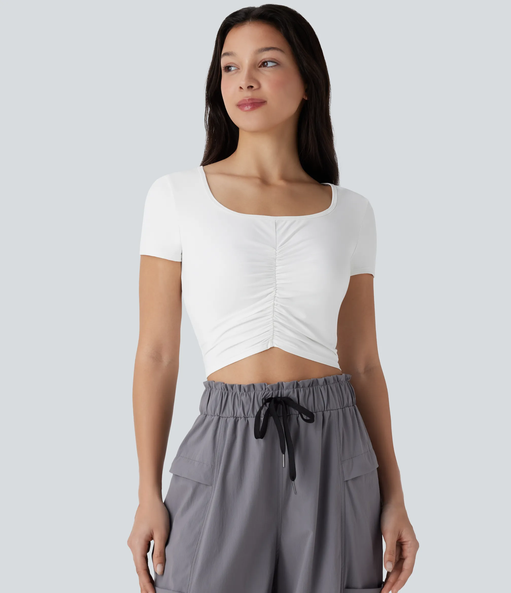 Sports Tops|Sports Tops<HALARA Square Neck Short Sleeve Ruched Cropped Hiking Sports Top-UPF40+