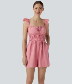 Jumpsuits<HALARA Square Neck Sleeveless Lace Up Shirred Pocket Casual Linen-Feel Jumpsuit