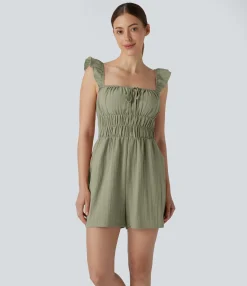 Jumpsuits<HALARA Square Neck Sleeveless Lace Up Shirred Pocket Casual Linen-Feel Jumpsuit