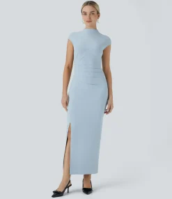 Party Dresses|Maxi & Midi Dresses<HALARA Stand Collar Back Cap Sleeve Ruched Maxi Skinny Dress