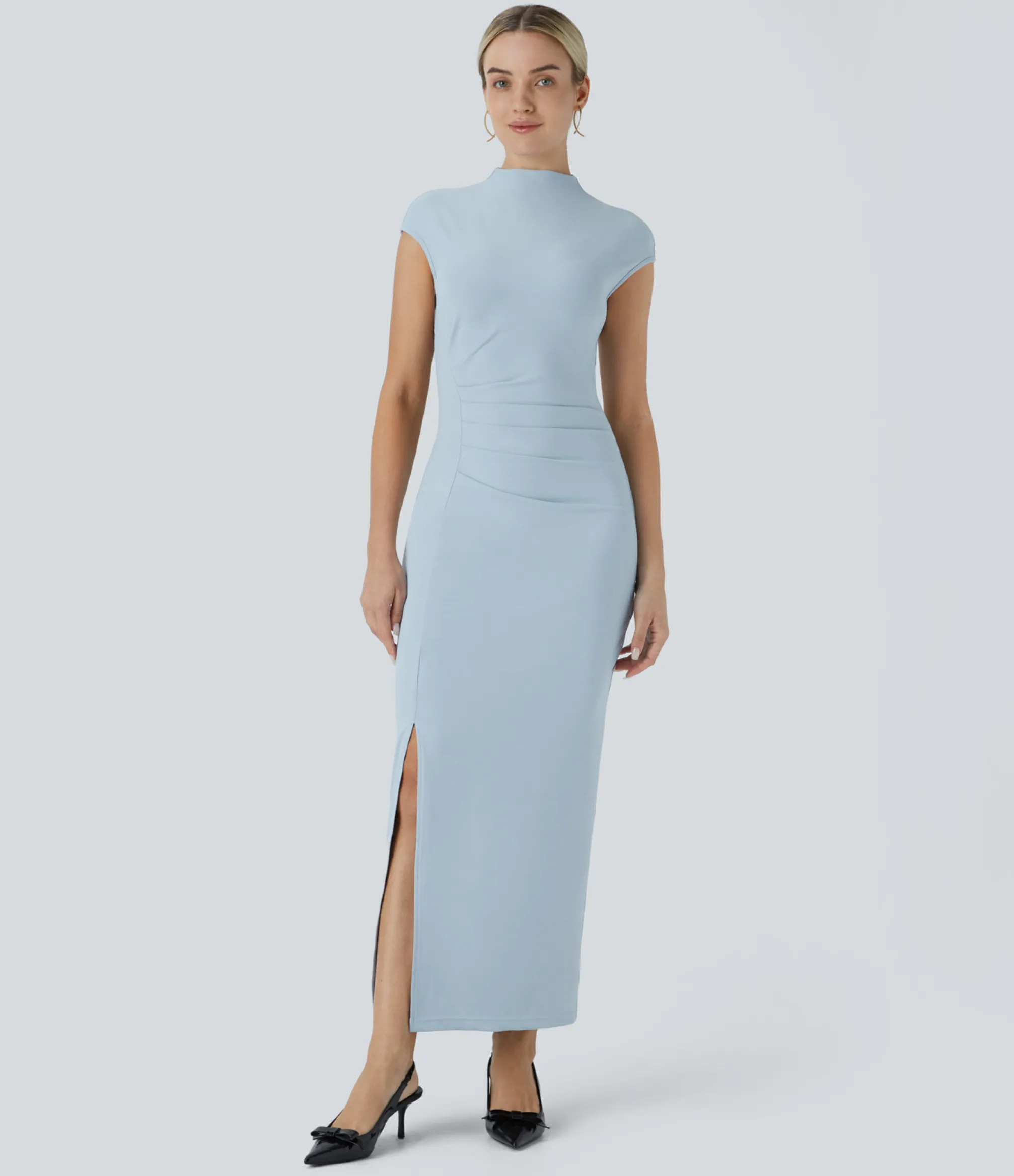 Party Dresses|Maxi & Midi Dresses<HALARA Stand Collar Back Cap Sleeve Ruched Maxi Skinny Dress