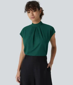 Work Tops|Shirts Blouses<HALARA Stand Collar Back Cap Sleeve Work Blouse