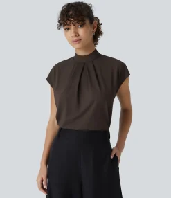 Work Tops|Shirts Blouses<HALARA Stand Collar Back Cap Sleeve Work Blouse