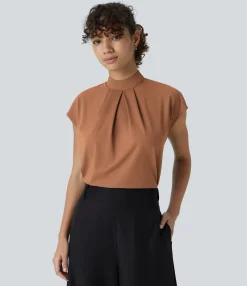 Work Tops|Shirts Blouses<HALARA Stand Collar Back Cap Sleeve Work Blouse