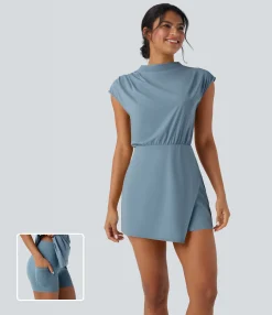 Mini Dresses|Dresses<HALARA Stand Collar Cap Sleeve Quick Dry 2-Piece Mini Work Dress with Pocket-UPF40+