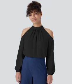 Casual Tops|Shirts Blouses<HALARA Stand Collar Cold Shoulder Bishop Sleeve Casual Blouse