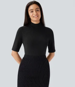 Sweaters<HALARA Stand Collar Elbow Sleeve Slim Work Linen-Feel Sweater