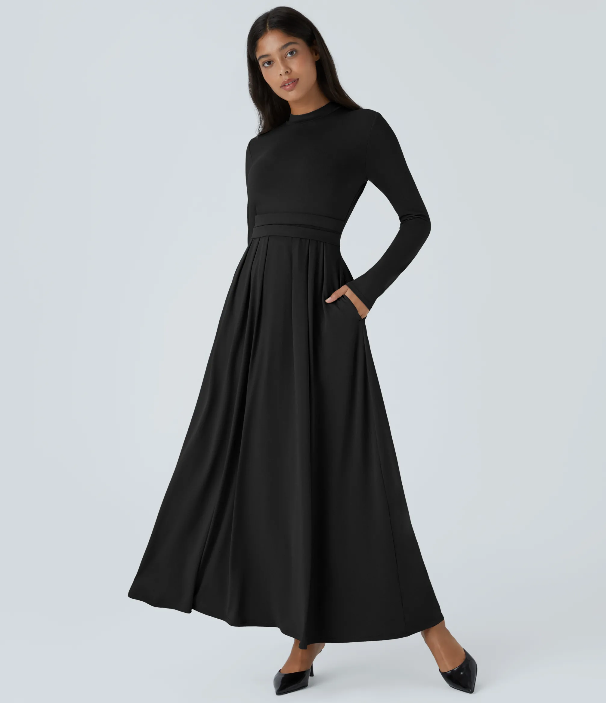 Maxi & Midi Dresses|Dresses<HALARA Stand Collar Long Sleeve Pocket Flare Maxi Casual Dress