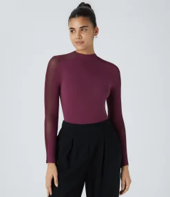 Work Tops<HALARA Stand Collar Raglan Long Sleeve Contrast Mesh Skinny Work Top