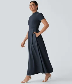 Maxi & Midi Dresses|Dresses<HALARA Stand Collar Short Sleeve Pocket Flare Maxi Casual Dress