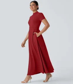 Maxi & Midi Dresses|Dresses<HALARA Stand Collar Short Sleeve Pocket Flare Maxi Casual Dress
