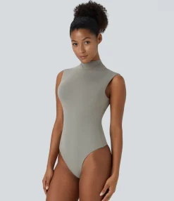 Bodysuits<HALARA Stand Collar Sleeveless Plain Casual Bodysuit
