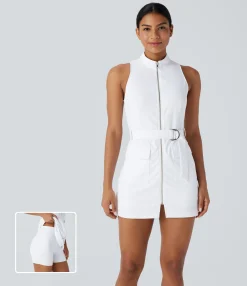 Mini Dresses|Active Dresses<HALARA Stand Collar Sleeveless Zipper Belted Pocket 2-Piece Quick Dry Mini Golf Active Dress-UPF40+