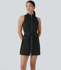 Mini Dresses|Active Dresses<HALARA Stand Collar Sleeveless Zipper Belted Pocket 2-Piece Quick Dry Mini Golf Active Dress-UPF40+