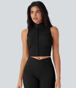 Tank Tops & Camis|Tank Tops<HALARA Stand Collar Zipper Ruched Skinny Cropped Waffle Yoga Tank Top