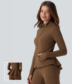 Jackets & Outerwear<HALARA Stand Collar Zipper Thumb Hole Ruffle Hem Slim Jacket with Pockets
