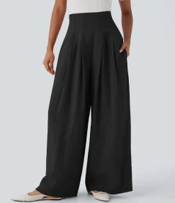 High-Waisted Pants|Wide-Leg Pants<HALARA Super High Waisted Shirred Pockets Wide Leg Work Linen-Feel Pants