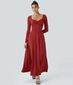 Maxi & Midi Dresses|Dresses<HALARA Sweetheart Neck Long Sleeve Pocket Flare Flowy Maxi Dress