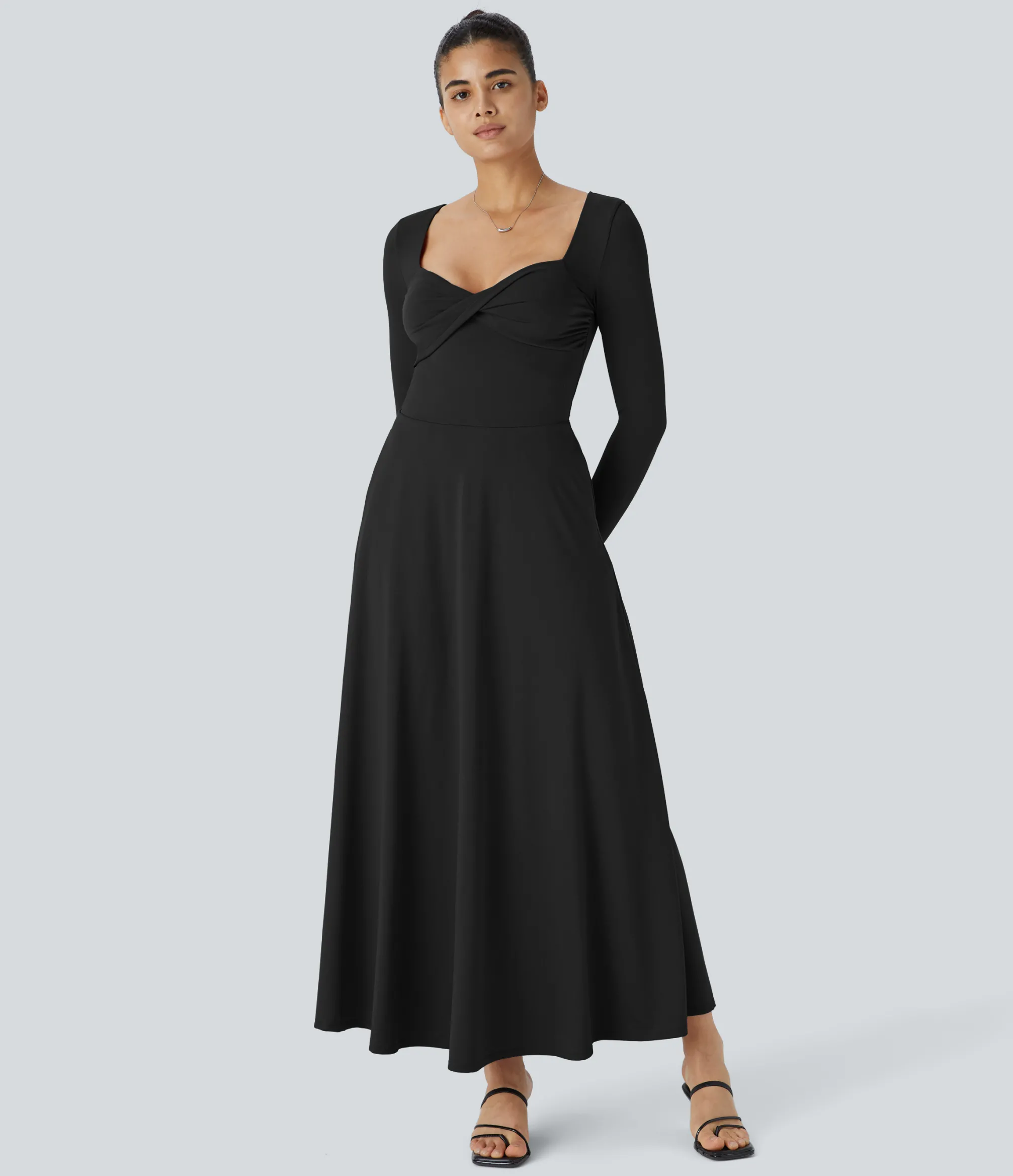Maxi & Midi Dresses|Dresses<HALARA Sweetheart Neck Long Sleeve Pocket Flare Flowy Maxi Dress