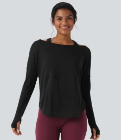 Sports Tops|Sports Tops<HALARA Thumb Hole High Low Curved Hem 2-in-1 Yoga Sports Top